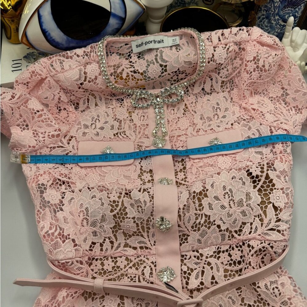 🆕 SELF-PORTRAIT 🧿 BNWOT Pink Lace Diamante Bow Midi Dress, Sz US 4 / UK 8 - Picture 13 of 16
